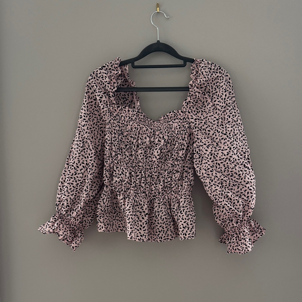 Pink and Black Smocked Patterned Women's Top